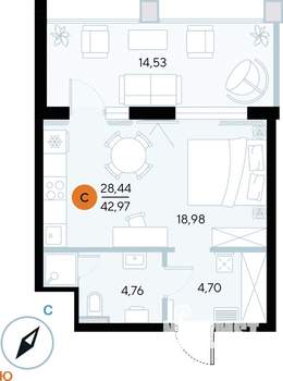 Студия квартира, строящийся дом, 43м2, 2/9 этаж