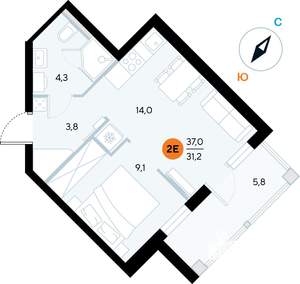 1-к квартира, строящийся дом, 37м2, 4/7 этаж