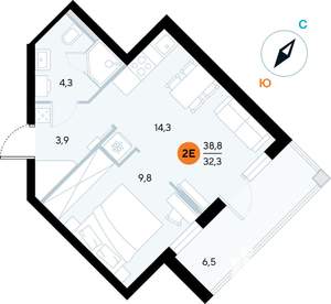 1-к квартира, строящийся дом, 39м2, 6/7 этаж