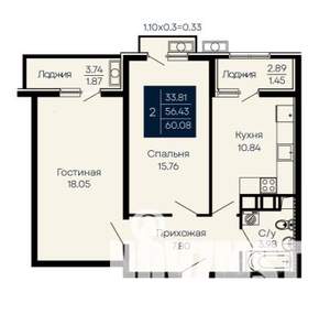 2-к квартира, вторичка, 60м2, 3/14 этаж