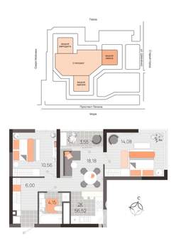 2-к квартира, вторичка, 57м2, 9/21 этаж