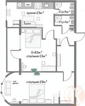 2-к квартира, вторичка, 80м2, 3/6 этаж