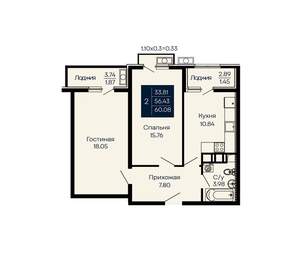 2-к квартира, строящийся дом, 60м2, 7/14 этаж