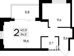 2-к квартира, строящийся дом, 40м2, 9/12 этаж