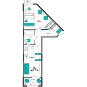 1-к квартира, вторичка, 49м2, 8/13 этаж