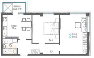 2-к квартира, вторичка, 59м2, 8/9 этаж