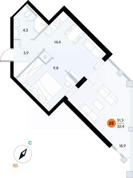 1-к квартира, строящийся дом, 51м2, 2/7 этаж