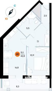 1-к квартира, строящийся дом, 51м2, 1/7 этаж