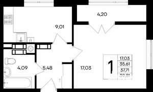 1-к квартира, строящийся дом, 40м2, 8/9 этаж