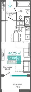 1-к квартира, строящийся дом, 46м2, 9/9 этаж