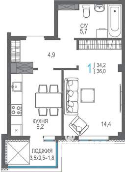 1-к квартира, строящийся дом, 38м2, 5/9 этаж