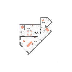 1-к квартира, вторичка, 39м2, 4/13 этаж