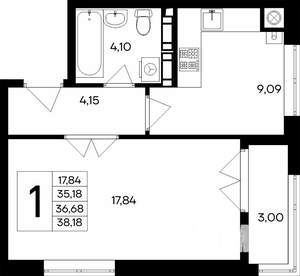 1-к квартира, строящийся дом, 38м2, 4/9 этаж