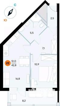 1-к квартира, строящийся дом, 50м2, 2/7 этаж