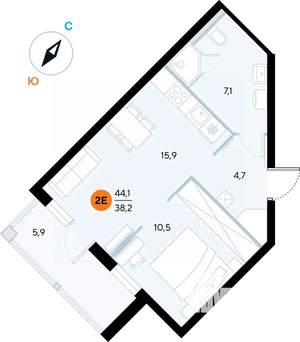 1-к квартира, строящийся дом, 44м2, 6/7 этаж