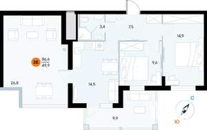 2-к квартира, строящийся дом, 87м2, 5/7 этаж