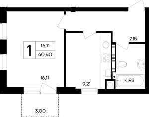 1-к квартира, строящийся дом, 40м2, 4/4 этаж
