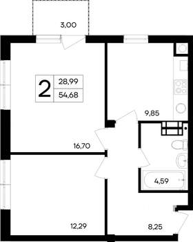 2-к квартира, строящийся дом, 55м2, 4/4 этаж