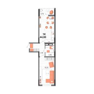 1-к квартира, строящийся дом, 44м2, 7/13 этаж