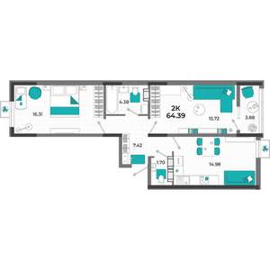 2-к квартира, вторичка, 64м2, 10/13 этаж