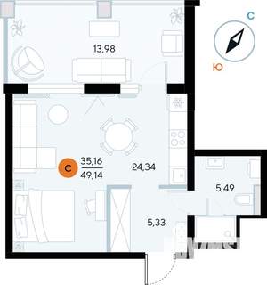 Студия квартира, строящийся дом, 49м2, 6/7 этаж