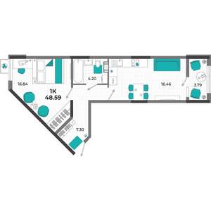 1-к квартира, вторичка, 49м2, 7/13 этаж