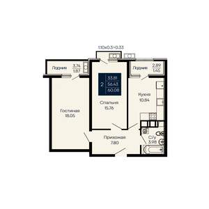2-к квартира, строящийся дом, 60м2, 3/14 этаж