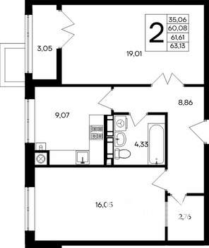 2-к квартира, строящийся дом, 63м2, 2/9 этаж