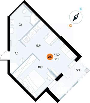 1-к квартира, строящийся дом, 44м2, 4/7 этаж