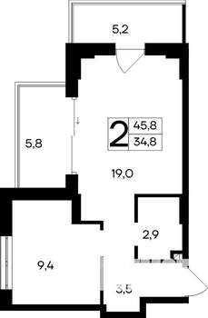 2-к квартира, строящийся дом, 46м2, 5/12 этаж
