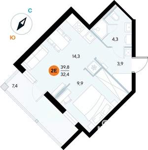 1-к квартира, строящийся дом, 40м2, 4/7 этаж