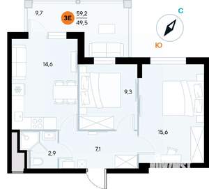 2-к квартира, строящийся дом, 59м2, 5/7 этаж