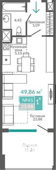 1-к квартира, строящийся дом, 50м2, 4/9 этаж