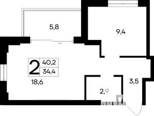 2-к квартира, строящийся дом, 40м2, 9/12 этаж