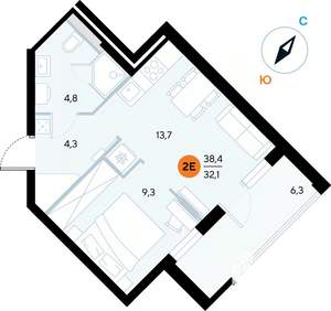 1-к квартира, строящийся дом, 38м2, 5/7 этаж