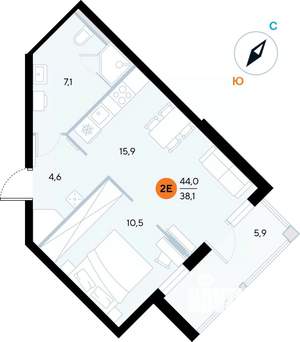 1-к квартира, строящийся дом, 44м2, 6/7 этаж