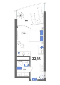 Студия квартира, строящийся дом, 34м2, 18/22 этаж