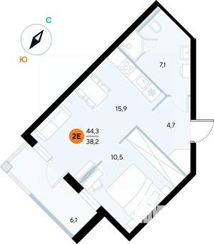 1-к квартира, строящийся дом, 44м2, 4/7 этаж