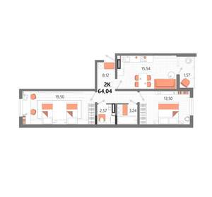 2-к квартира, вторичка, 64м2, 5/13 этаж