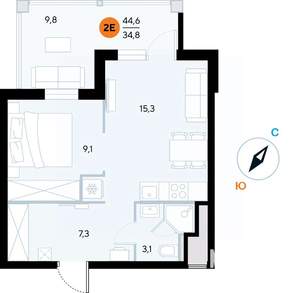 1-к квартира, строящийся дом, 44м2, 2/7 этаж