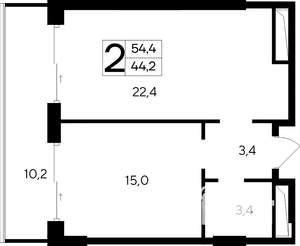 2-к квартира, строящийся дом, 54м2, 9/12 этаж