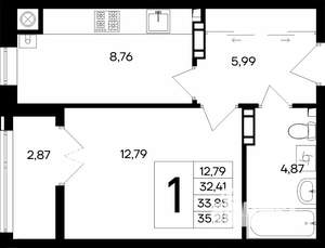 1-к квартира, строящийся дом, 35м2, 1/8 этаж