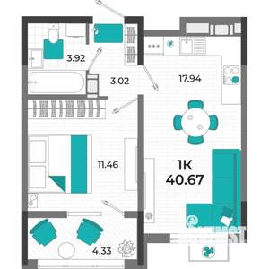 1-к квартира, вторичка, 46м2, 7/13 этаж