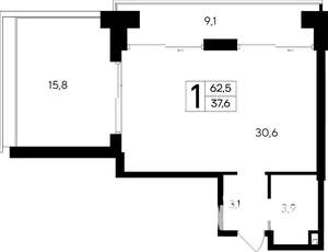 1-к квартира, строящийся дом, 63м2, 10/12 этаж