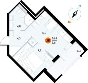 1-к квартира, строящийся дом, 37м2, 3/7 этаж