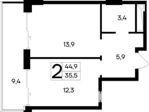 2-к квартира, строящийся дом, 45м2, 2/12 этаж