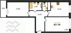 2-к квартира, вторичка, 62м2, 5/7 этаж