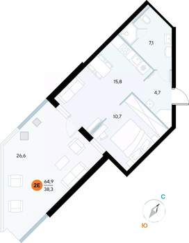1-к квартира, строящийся дом, 64м2, 1/7 этаж