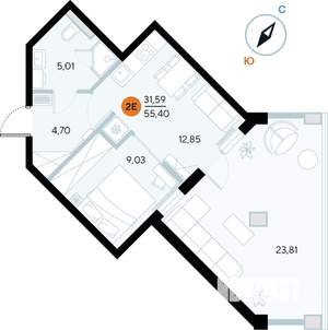 1-к квартира, строящийся дом, 55м2, 2/9 этаж