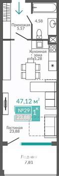 1-к квартира, строящийся дом, 47м2, 3/9 этаж